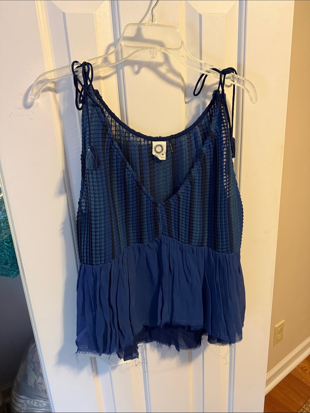Anthro Navy Blue Textured Tie-Shoulder Tank Top